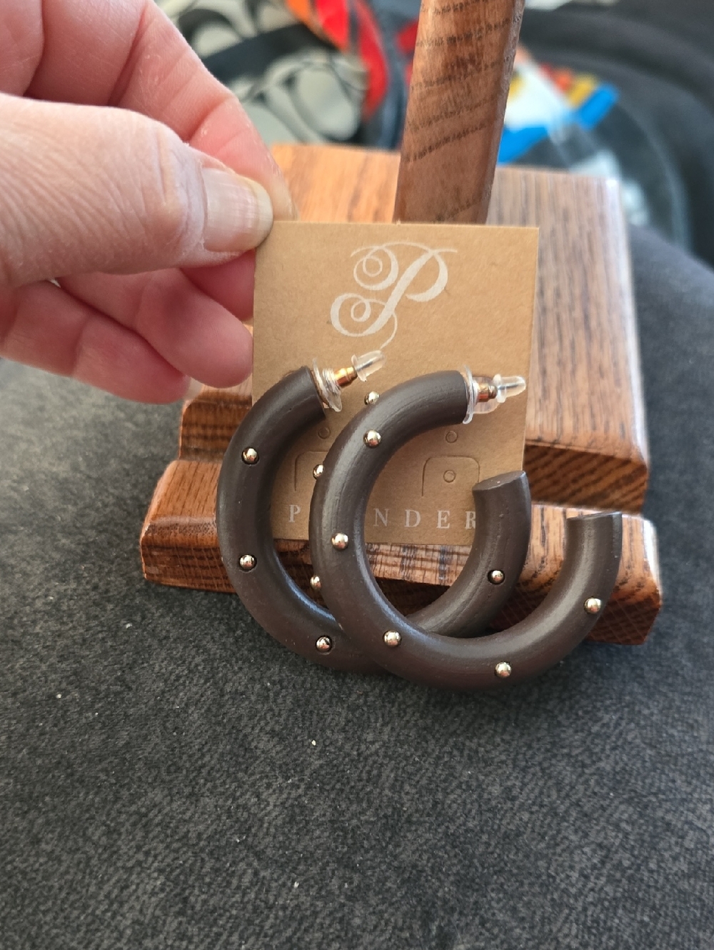 Plunder Wood Hoop Earrings with Gold Studs - Dark Brown